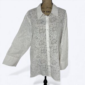 Susan Graver Style Button Up Shirt Sz 2X White Sheer Floral Bling Layer Vacation